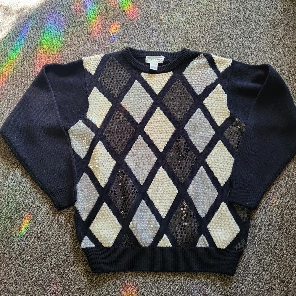 Alfred Dunner Black and Cream Diamond Sweater